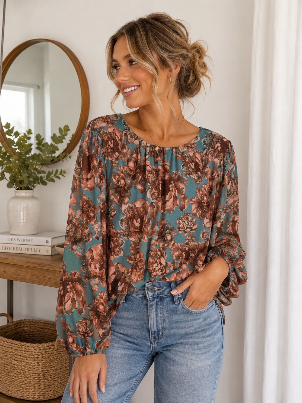 FLYING TOMATOE Women's Teal Floral Long-Sleeve Blouse